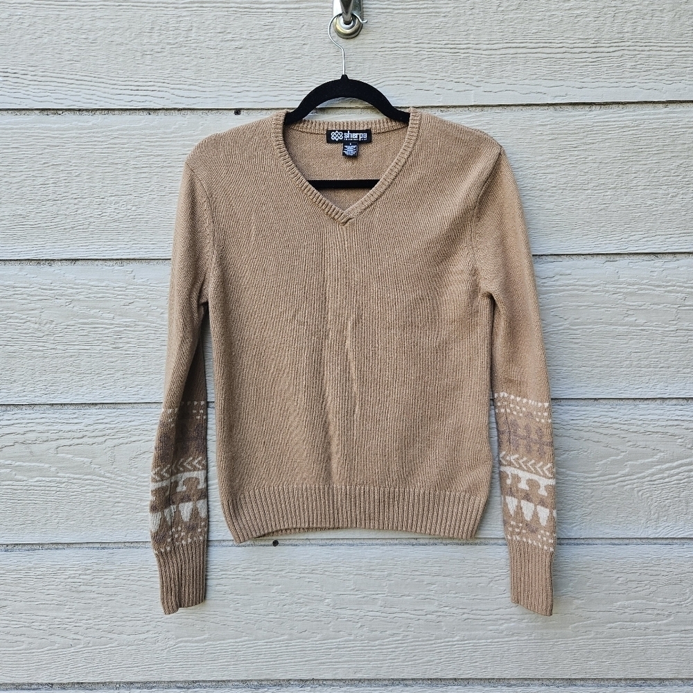 Sherpa Adventure Gear tan v neck sweater with fair isle sleeves small
